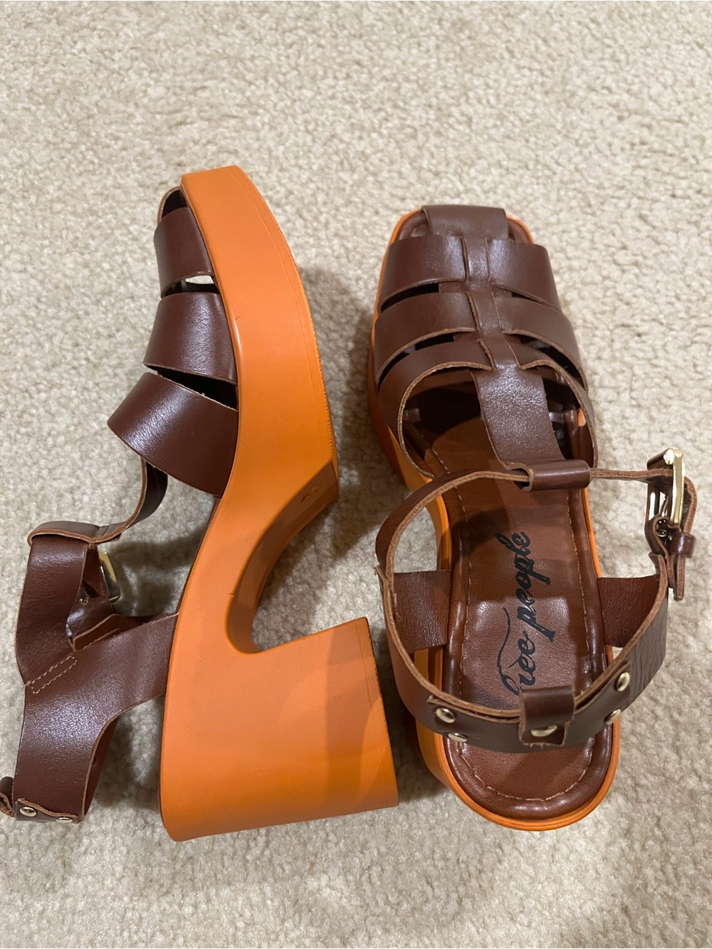 Free People Brown Leather Platform Sandals with Orange Block Heel size 8